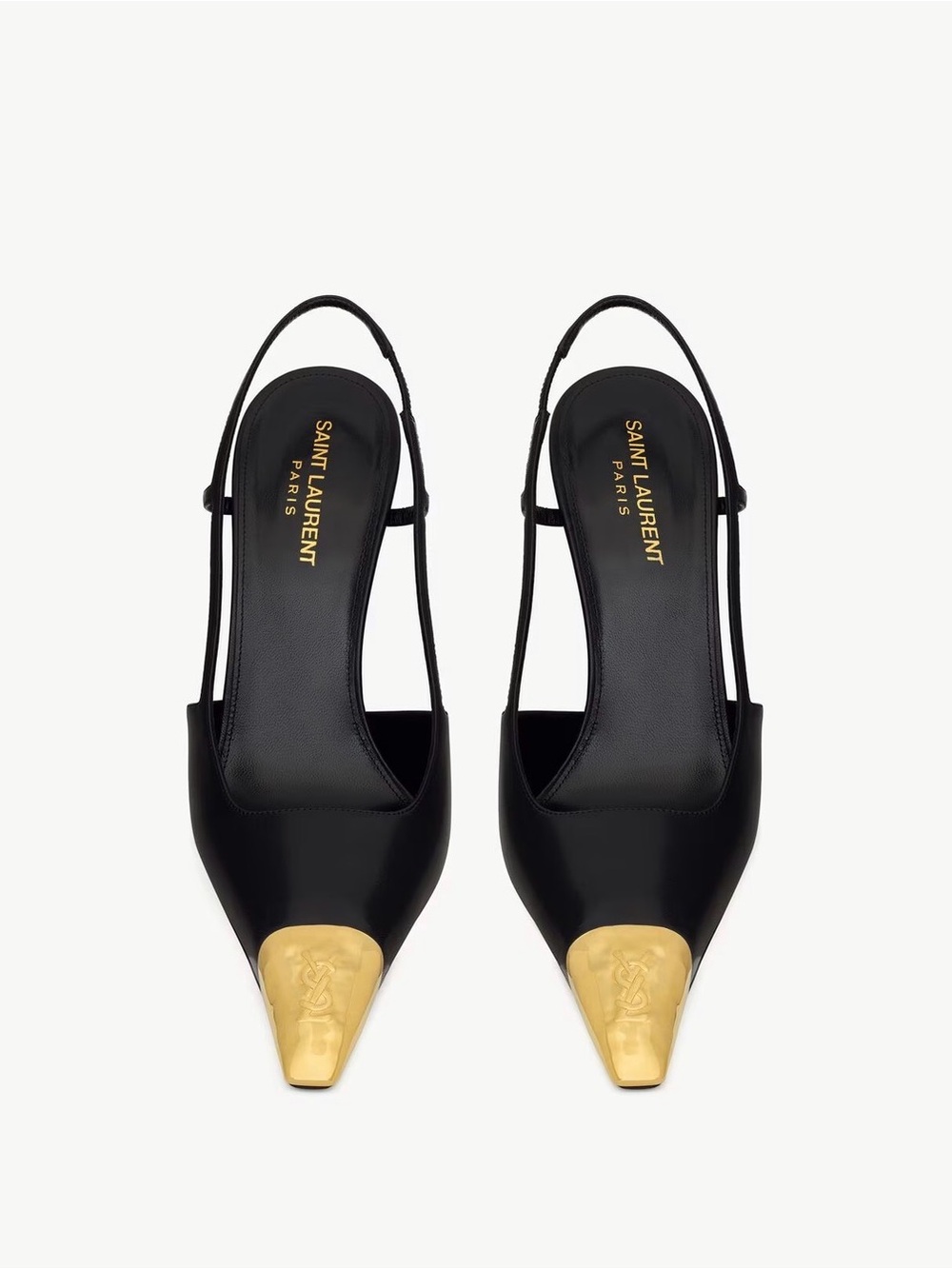 Saint Laurent Black Leather Slingback Flats with Gold Toe Cap